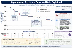 Kaplan-Meier survival curve explaining censored data and survival probability in nursing research