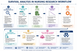 Survival analysis workflow for nursing research showing time-to-event data, censoring, Kaplan-Meier curves, log-rank tests, Cox regression, interpretation, and APA reporting