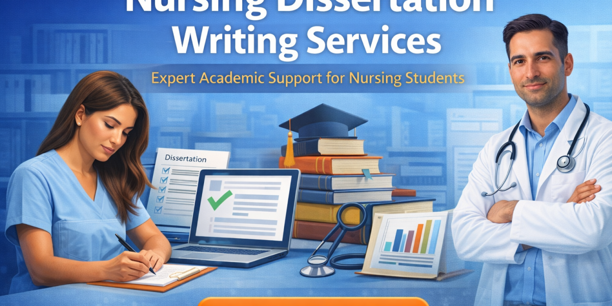 Nursing dissertation writing support with a nurse studying on a laptop, research materials, and a doctor symbolizing expert academic help for nursing students.