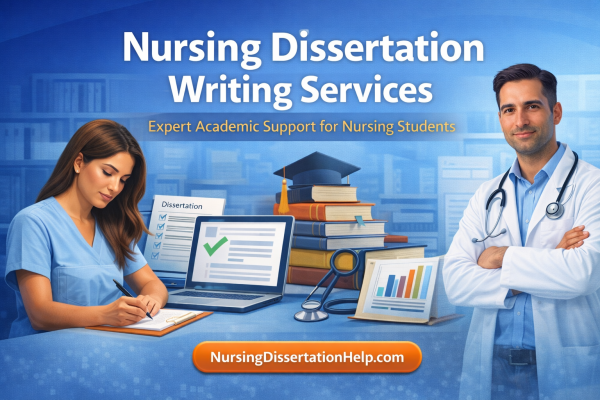 Nursing dissertation writing support with a nurse studying on a laptop, research materials, and a doctor symbolizing expert academic help for nursing students.