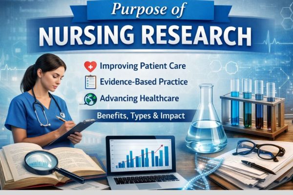 Illustration showing the purpose of nursing research with a nurse writing notes, alongside visuals of medical tools, data charts, and lab equipment highlighting patient care, evidence-based practice, and healthcare advancement.