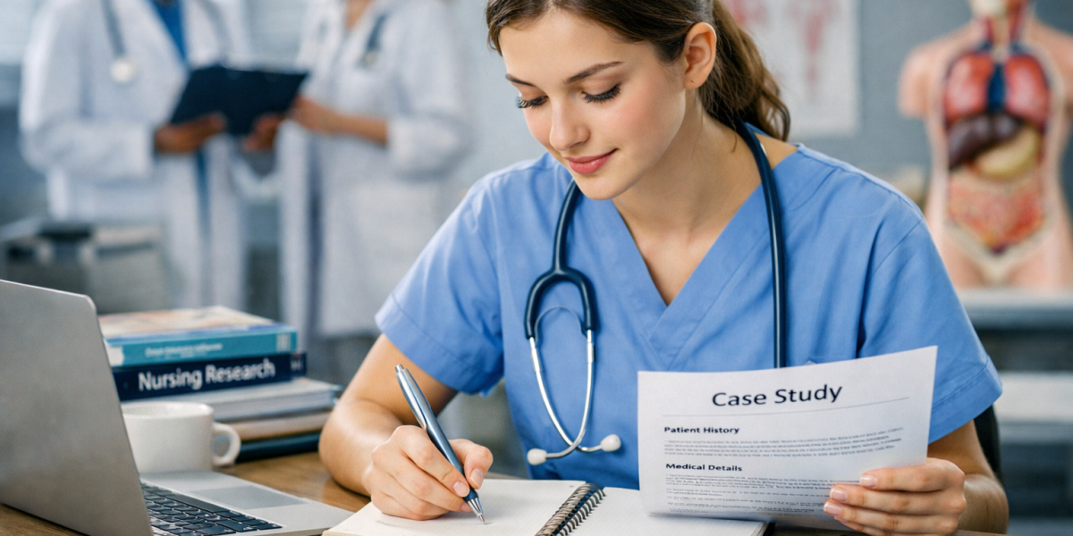 This image shows a nursing student analyzing patient data and writing a clinical case study, illustrating the importance of structured case study help for academic success.