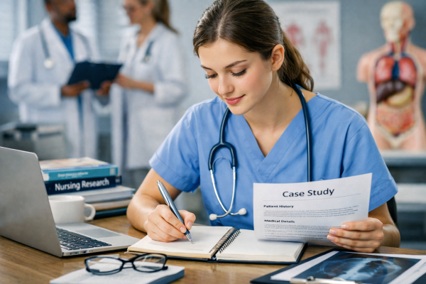 This image shows a nursing student analyzing patient data and writing a clinical case study, illustrating the importance of structured case study help for academic success.