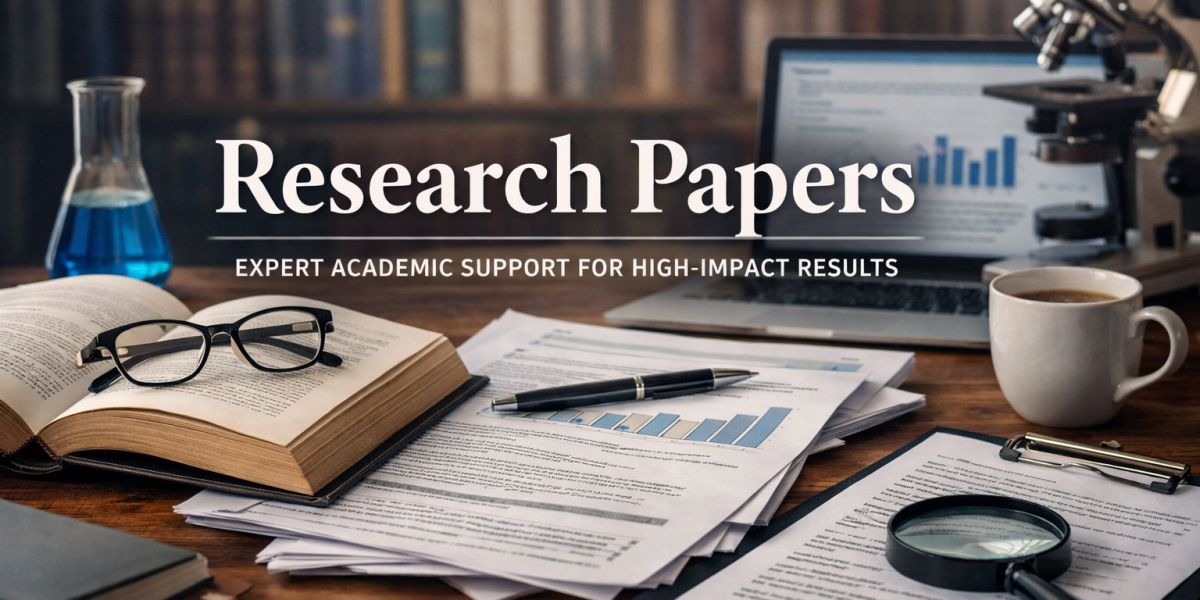Research papers writing setup with laptop, books, data charts, and academic tools for professional research paper support