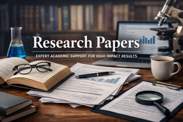 Research papers writing setup with laptop, books, data charts, and academic tools for professional research paper support