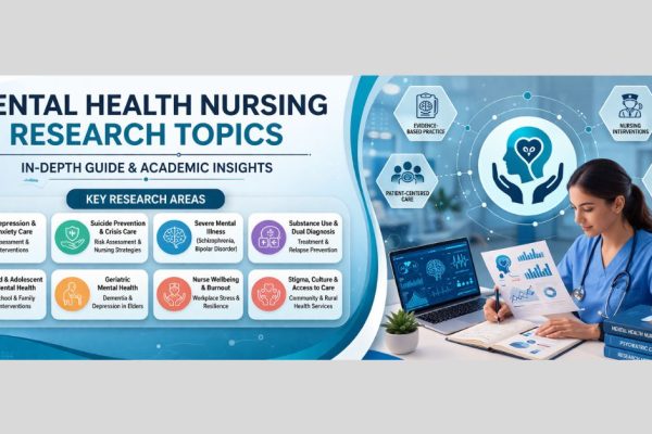 Infographic showing mental health nursing research topics with a nurse analyzing patient data and key areas including depression, suicide prevention, severe mental illness, and community mental health care.