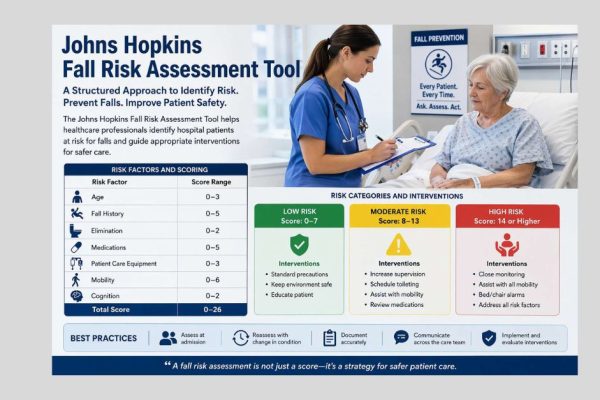 johns hopkins fall risk assessment tool infographic showing hospital risk categories scoring and patient fall prevention strategies