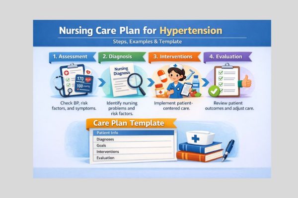 Hypertension nursing care plan infographic showing assessment diagnosis interventions and evaluation steps for patient care management