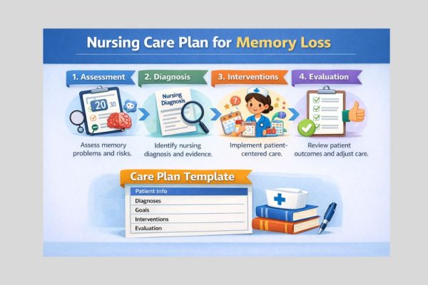 Memory loss nursing care plan infographic showing assessment diagnosis interventions and evaluation steps for cognitive care process.