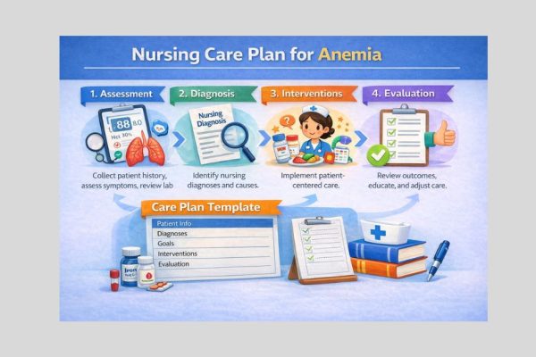 Nurse assessing patient with anemia symptoms while reviewing a nursing care plan for anemia in a clinical hospital setting