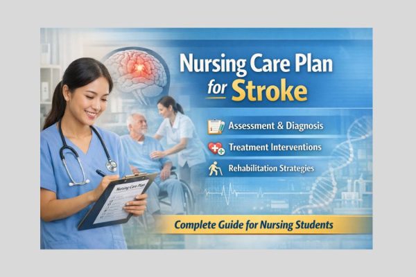 Nursing care plan for stroke showing nurse assessing patient, with key elements like diagnosis, interventions, and rehabilitation strategies.