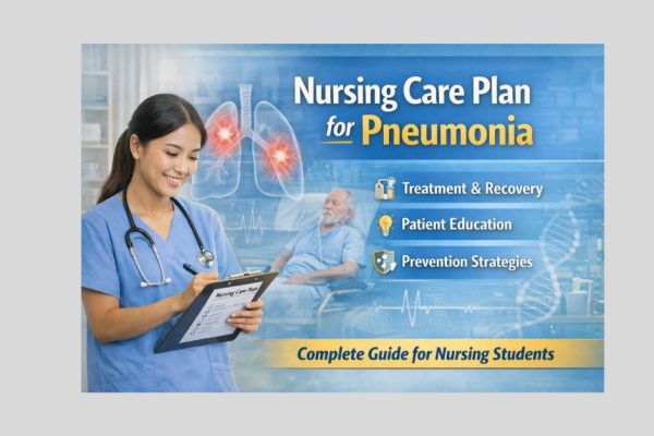 Nursing care plan for pneumonia showing nurse assessing patient, highlighting treatment, education, and prevention strategies in healthcare setting