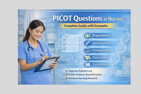 PICOT questions in nursing illustration showing nurse writing research plan with population, intervention, comparison, outcome and time elements.