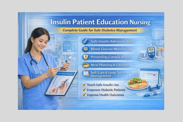 Insulin patient education nursing showing nurse teaching insulin injection, glucose monitoring, and diabetes self-management in clinical setting.
