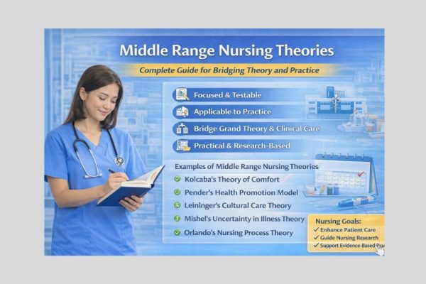 Middle range nursing theories infographic showing nurse studying with key concepts, examples, and applications in clinical practice and research.