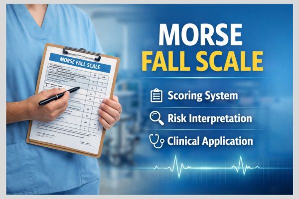 Healthcare professional holding a clipboard labeled Morse Fall Scale assessment form, with a focus on scoring system, risk interpretation, and clinical application displayed in a clean medical infographic style.
