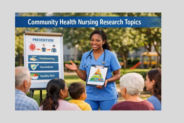 Community health nurse teaching people about disease prevention, vaccination, and healthy living in a local setting.