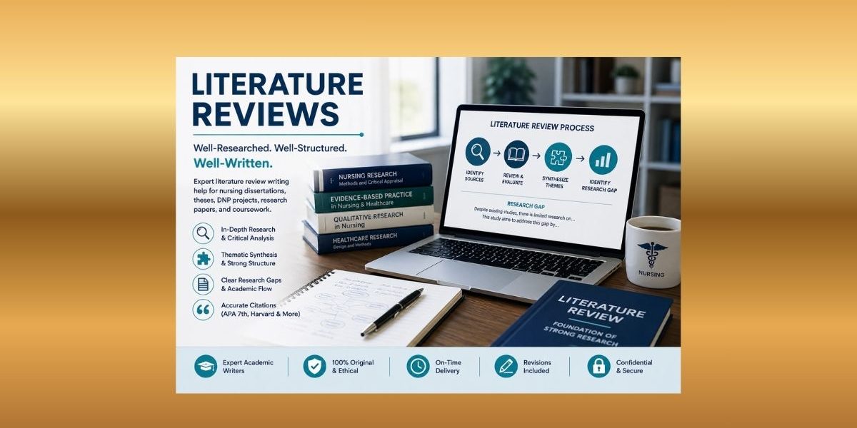 Nursing literature review writing help image showing research books, laptop, source synthesis process, research gap planning, and academic review notes.