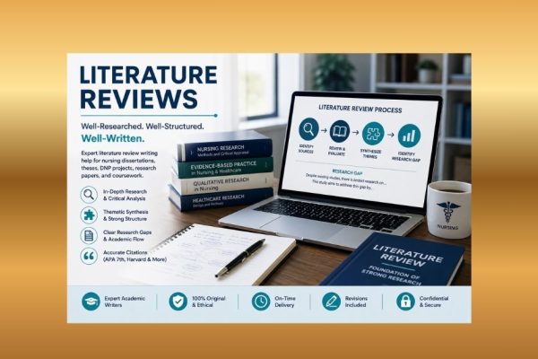 Nursing literature review writing help image showing research books, laptop, source synthesis process, research gap planning, and academic review notes.