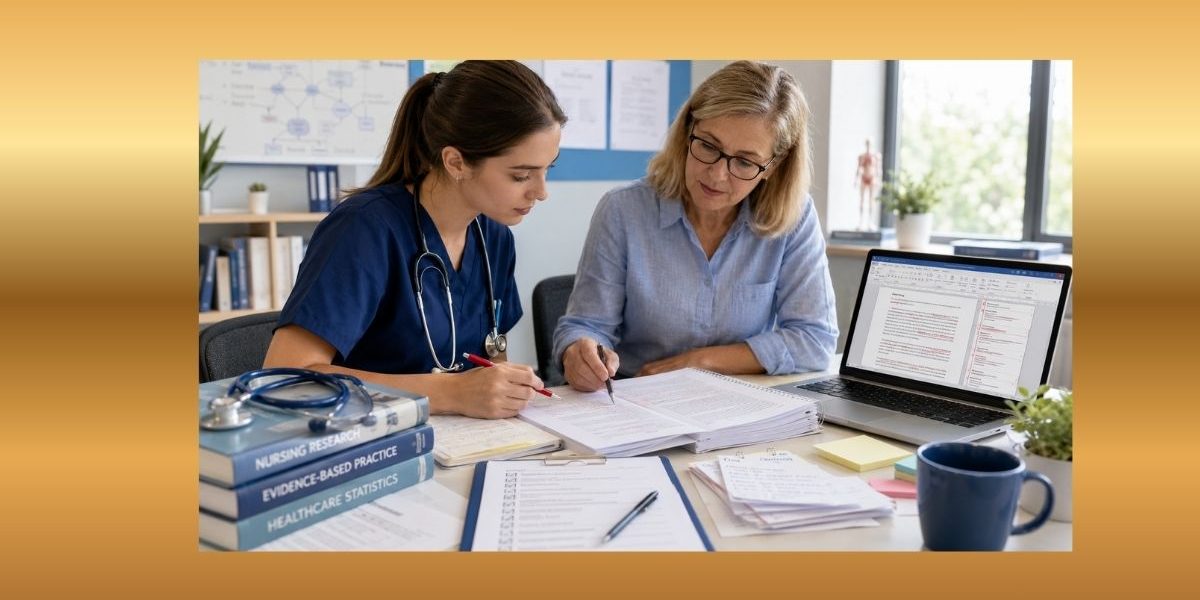 Nursing student and academic editor reviewing a dissertation draft with proofreading marks, tracked comments, nursing research books, and a laptop.