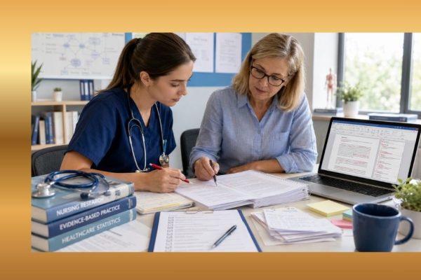 Nursing student and academic editor reviewing a dissertation draft with proofreading marks, tracked comments, nursing research books, and a laptop.