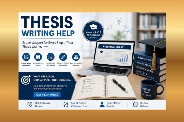 Thesis writing help service banner showing academic research support, thesis chapters, books, laptop, and study materials.
