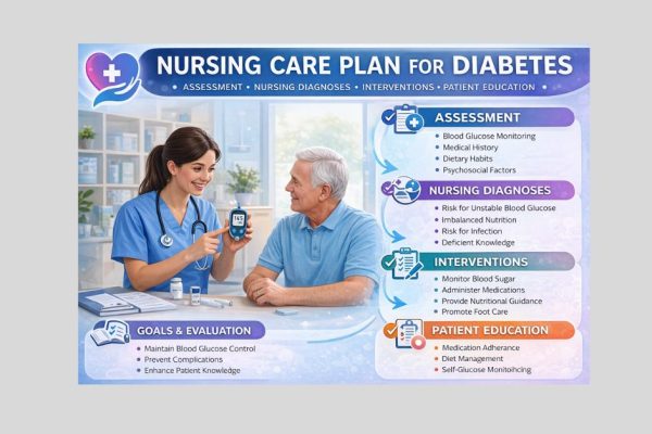 Infographic of nursing care plan for diabetes showing assessment, diagnoses, interventions, and patient education with a nurse checking blood glucose.