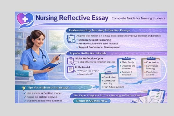 Infographic on nursing reflective essay showing models, structure, and step-by-step guide to reflective writing for nursing students.