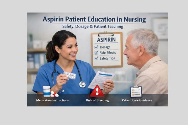 **Alt Text:** Aspirin patient education nursing showing a nurse explaining aspirin use, dosage, side effects, and bleeding risks to an elderly patient during clinical care