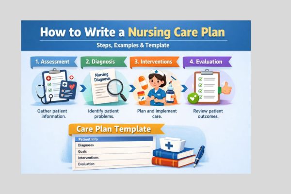 Nursing care plan infographic showing steps from patient assessment to evaluation with structured clinical care process.