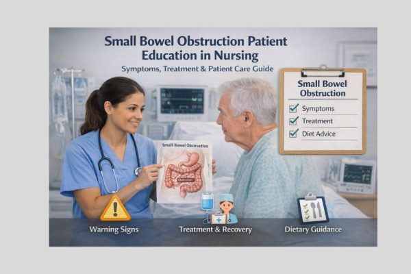 Small bowel obstruction patient education nursing illustration showing a nurse explaining intestinal blockage symptoms, treatment, and dietary guidance to an elderly patient in a clinical setting