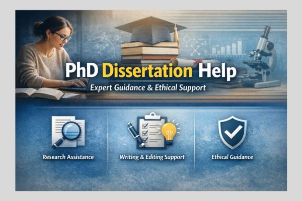 The illustration portrays a serene, focused study environment. A graduate student sits at a desk, engrossed in writing their PhD dissertation. The workspace is tidy yet filled with the tools of research: a laptop is open in front of them, flanked by piles of open books and scattered notes