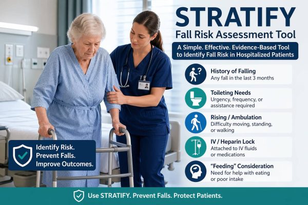STRATIFY fall risk assessment tool nurse assisting elderly patient mobility in hospital setting