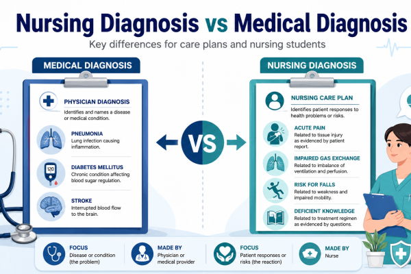 Infographic comparing nursing diagnosis and medical diagnosis for nursing students writing care plans.