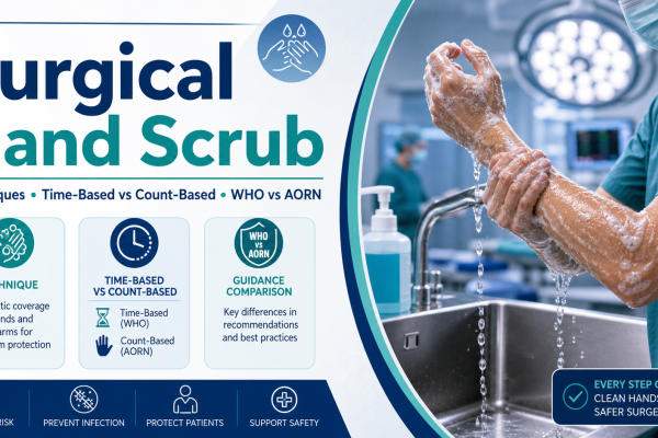 Surgical hand scrub infographic showing a nurse washing hands and forearms before surgery with technique, timing, and WHO vs AORN guidance.