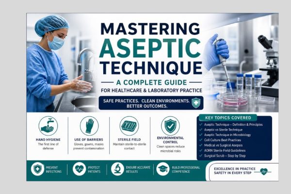 Aseptic technique infographic showing hand hygiene, sterile field, barriers, and surgical scrub steps in healthcare and laboratory practice