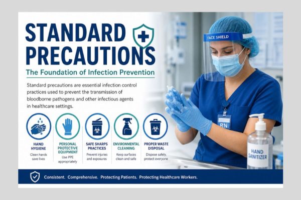 Standard precautions infographic showing PPE, hand hygiene, and infection prevention practices in healthcare