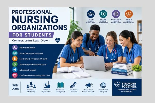 Nursing students reviewing professional nursing organization benefits, including networking, leadership, scholarships, conferences, advocacy, and career development.