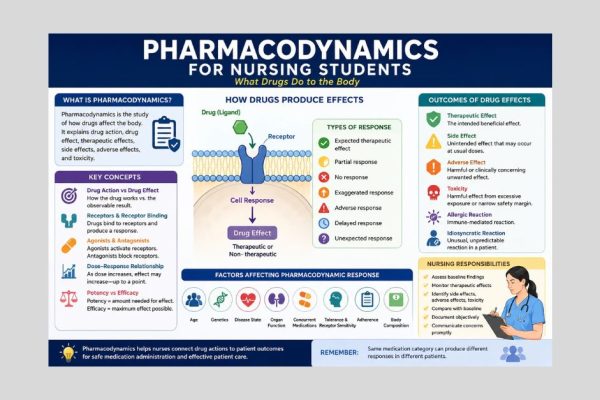 Educational infographic explaining pharmacodynamics for nursing students, including drug receptors, drug effects, patient response, adverse effects, toxicity, and nursing monitoring.