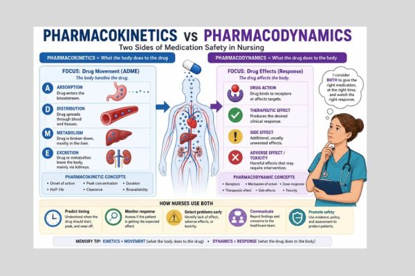 Nursing pharmacology infographic comparing pharmacokinetics and pharmacodynamics, including ADME, drug response, therapeutic effects, adverse effects, and medication monitoring.