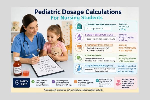 Nursing student learning pediatric dosage calculations with kg conversion, mg/kg formulas, liquid medication math, and safety checks.