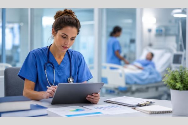 Nurse reviewing evidence-based care information on a tablet in a clinical setting