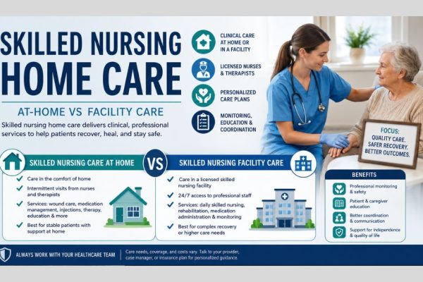 Skilled nursing home care comparison showing a nurse helping an older patient at home and explaining at-home versus facility care.