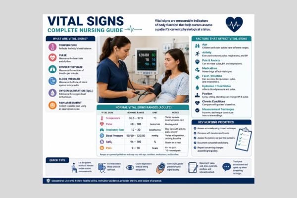 Nurse assessing a patient’s blood pressure with a vital signs monitor, showing temperature, pulse, respiratory rate, blood pressure, oxygen saturation, and nursing assessment tips.