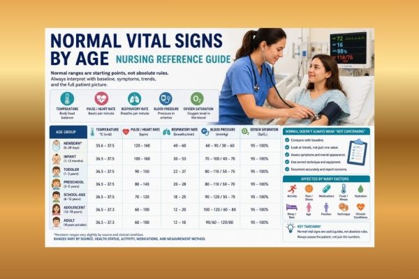 Nurse checking a patient’s vital signs with a chart showing normal temperature, pulse, respiratory rate, blood pressure, and oxygen saturation by age.