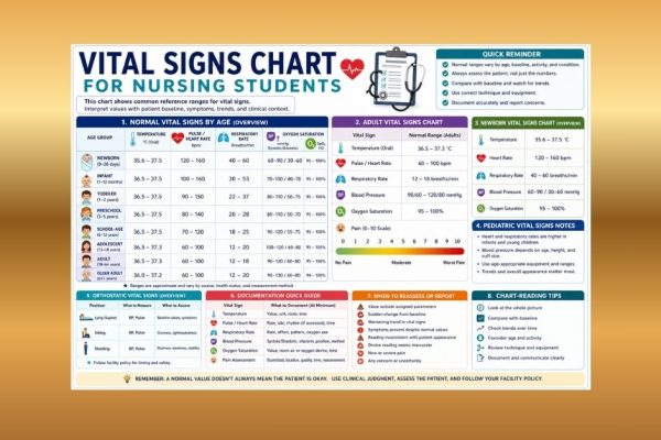 Vital signs chart for nursing students showing adult, pediatric, newborn, orthostatic, documentation, and reassessment reference tables.
