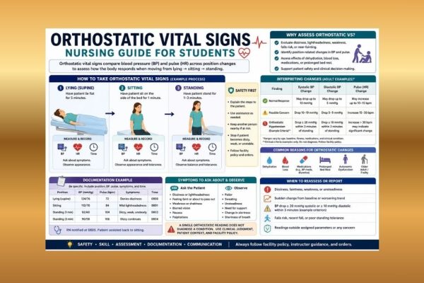Orthostatic vital signs nursing guide showing lying, sitting, and standing blood pressure and pulse assessment with symptom and documentation tips.