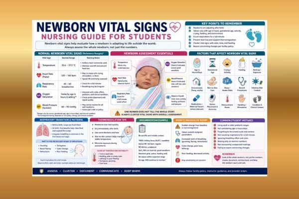 Newborn vital signs nursing guide showing temperature, heart rate, respiratory rate, oxygen saturation, thermoregulation, and documentation tips.
