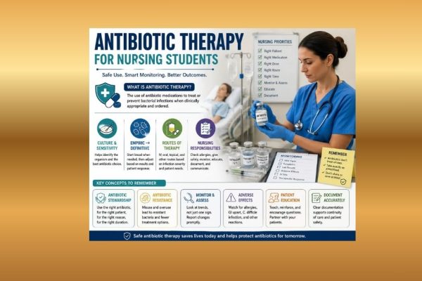 Nursing student reviewing antibiotic therapy concepts, including culture and sensitivity, monitoring, adverse effects, patient education, stewardship, and documentation.