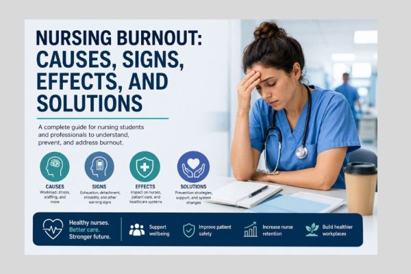 Nurse experiencing burnout while sitting in a hospital setting with icons showing causes, signs, effects, and solutions.